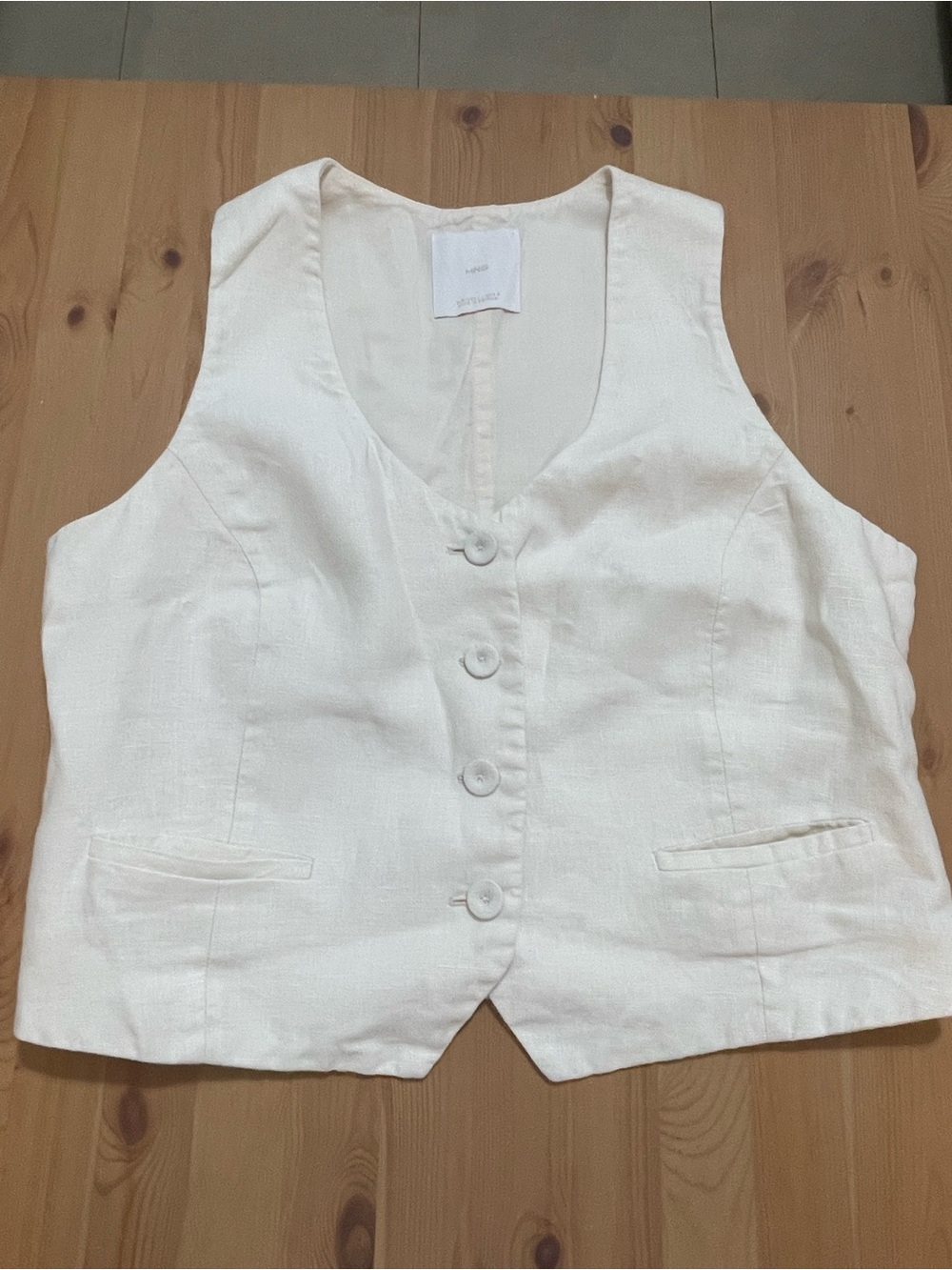 Mango Cream Linen-Blend Button Front Vest